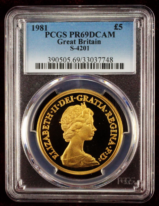 イギリス 1981年銘 5ポンド金貨 エリザベス PCGS PR69DCAM 