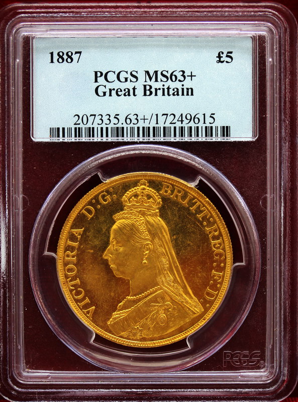 イギリス 1887年銘 5ポンド大型金貨 ビクトリア MS63+【アンティーク 