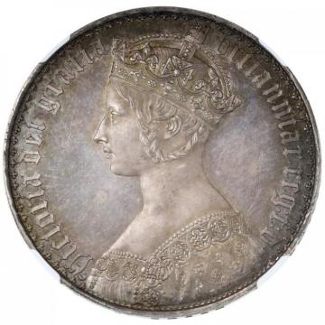 イギリス1847年ビクトリアヴィクトリア　ゴチックゴシッククラウン銀貨アンデシモUndecimo on edge　NGC　PF63　美麗トーン