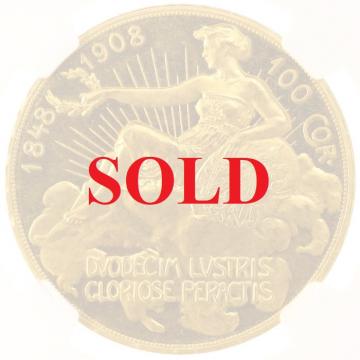 オーストリア　1908年銘　100Corona大型プルーフ金貨　在位60年記念　”雲上の女神”　NGC PF62CAMEO　値下げしました