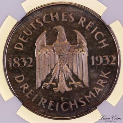 ドイツ　1932年E　GOETHE　ゲーテ追悼100周年　ワイマール　3マルク銀貨NGC　PF62cameo