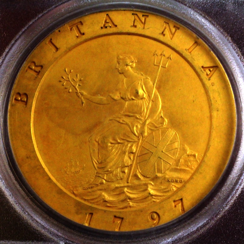 イギリス 1797年ジョージ3世 2ペンスプルーフ銅貨 幻の金メッキ試鋳貨 PCGS PR63 世界に一枚だけの鑑定 レアの極み入りました