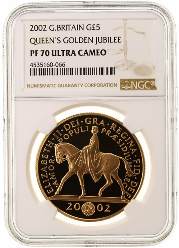 イギリス　2002年　5ポンド　プルーフ金貨　エリザベス2世　即位50周年記念 NGC PF70 U-CAMEO　完全未使用パーフェクト鑑定