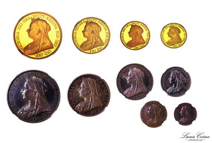 イギリス 1893年銘 ヴィクトリアビクトリア女王 ヴェールド（オールド）ヘッド 金貨銀貨10枚プルーフセット - 大阪アンティークコイン買取