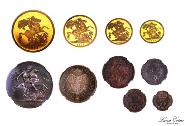 luna coins great bretain 1893 victoria proof set gold silver veiled head revs