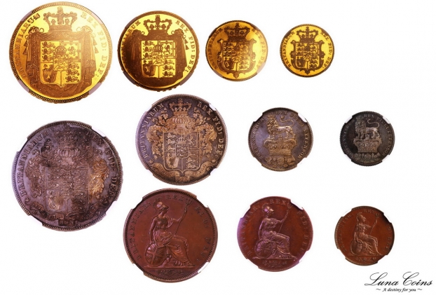 イギリス 1826年銘 ジョージ4世 5ポンド金貨、クラウン銀貨銅貨等11枚プルーフセット - アンティークコイン・金貨・銀貨の買取 ルナコイン