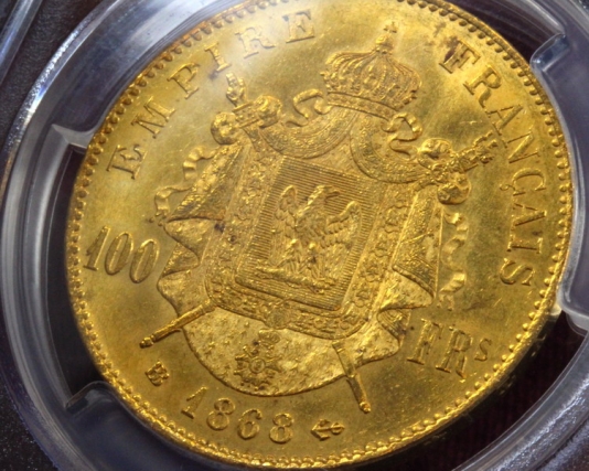 napoleon III 100francs gold 1868BB reverse