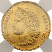 スイス　1895年B　ヘルヴェティア　20フラン金貨　ベルンミント　NGC　AU58