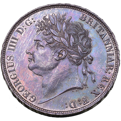 イギリス 1821年 クラウン銀貨 ジョージ4世 Secundo on edge 妖艶遊色