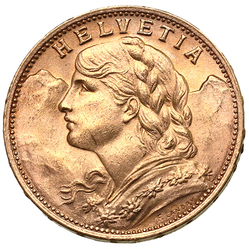 スイス 1927年B アルプスと少女 ブレネリ ヘルベティア 20フラン金貨