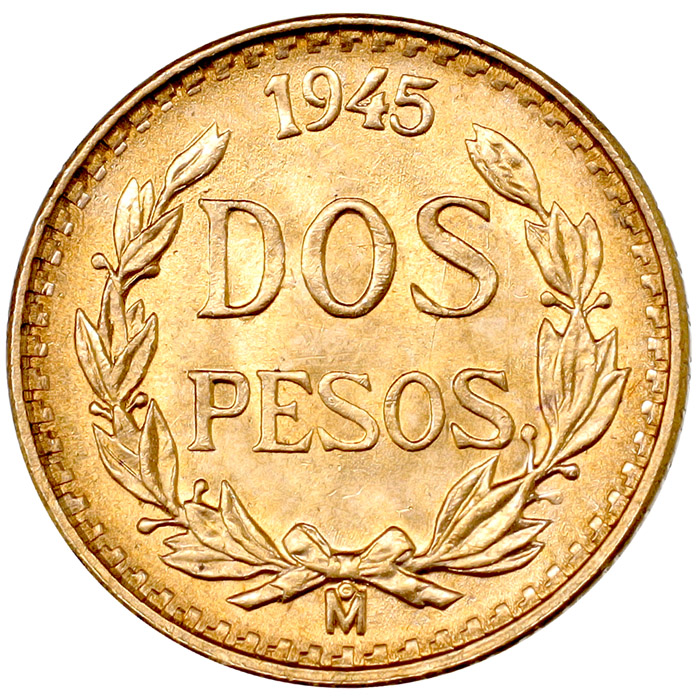 メキシコ 1945年Mo 2ペソ 金貨 メキシコシティミント UNC 未使用