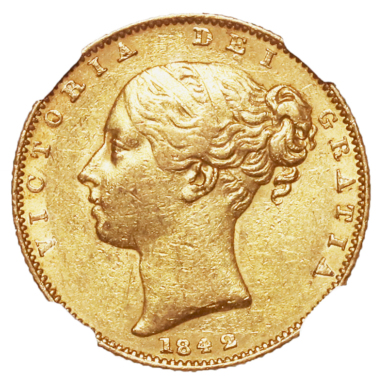 イギリス 1842年銘 ソブリン金貨 ビクトリアヤングヘッド NGC AU55