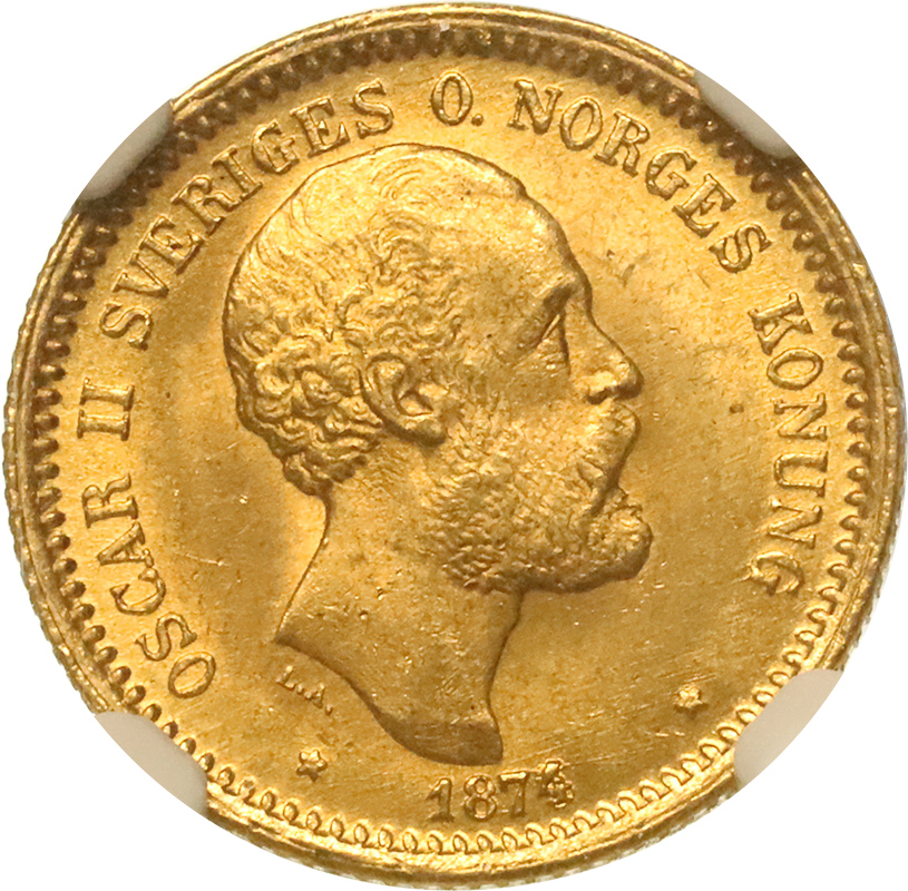 スウェーデン 1874/3年 10クローナ 金貨 オスカル2世 NGC MS65 年号