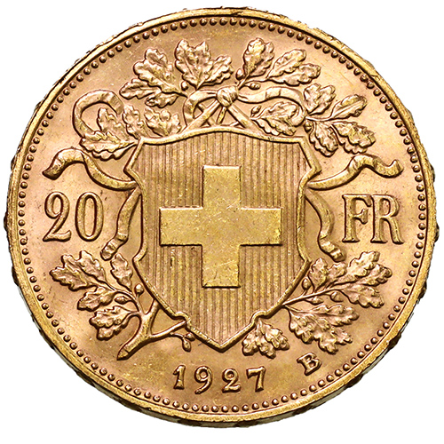 スイス 1927年B 20フラン金貨 アルプスと少女 ブレネリ ヘルベティア