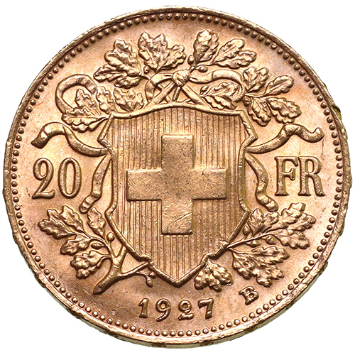 スイス 1927年B アルプスと少女 ブレネリ ヘルベティア 20フラン金貨 