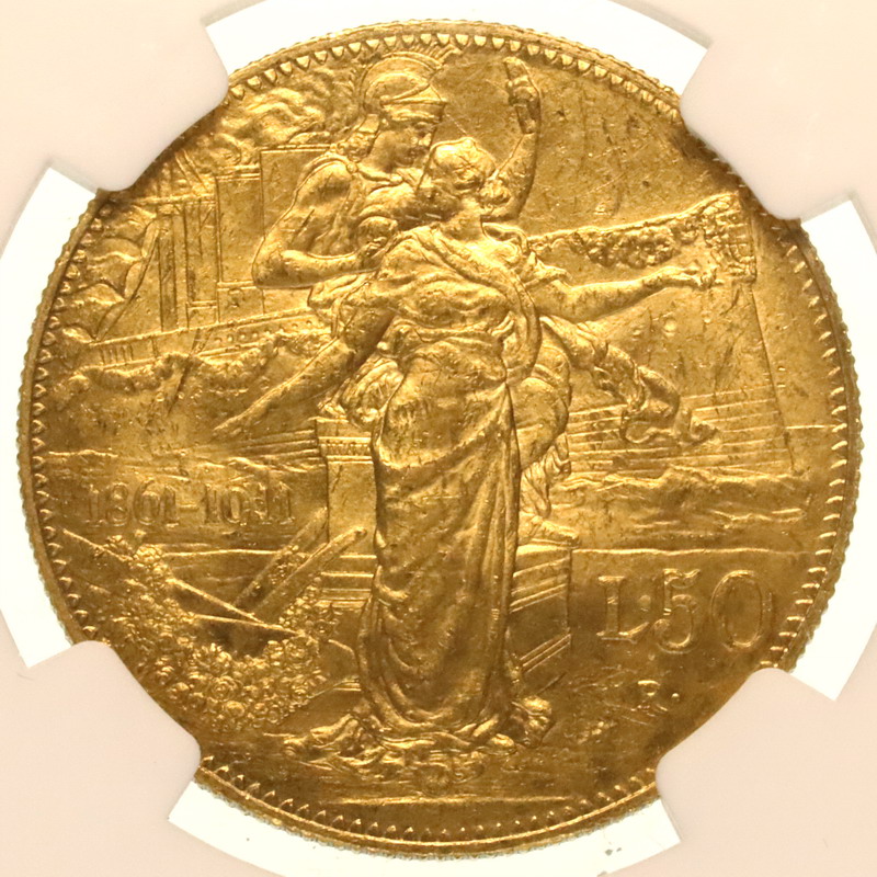 イタリア 1911R 50リレ金貨ヴィットリオ 王政50周年記念 NGC MS62【アンティークコイン・金貨・銀貨の販売・買取 ルナコイン】