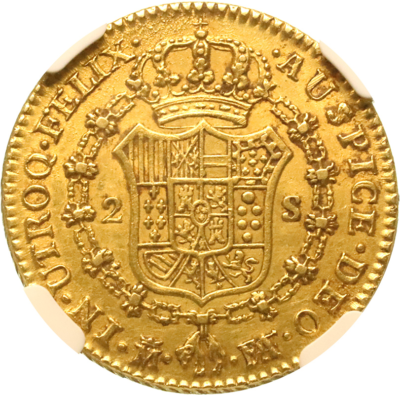 スペイン 1801年 2エスクード 金貨 カルロス4世 NGC AU53【アンティークコイン・金貨・銀貨の販売・買取 ルナコイン】