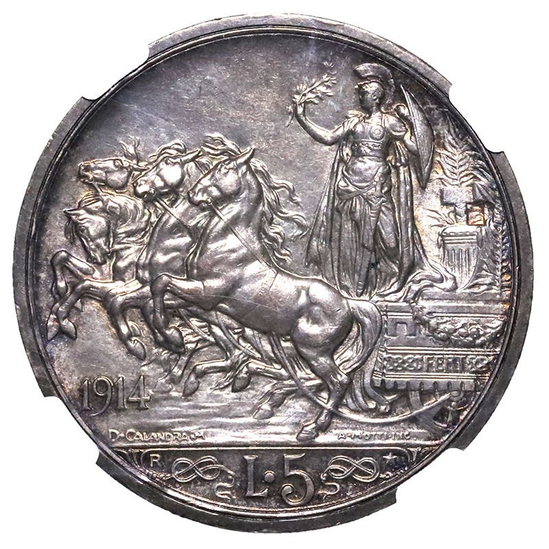 イタリア銀貨1914 2リレ クアドリガビットーリオ・エマヌエレ3世未使用 