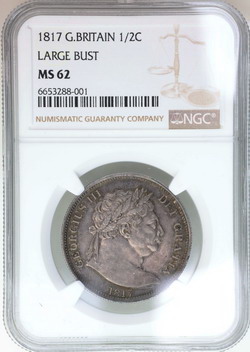稀少なバラエティ　大英帝国　ジョージ３世　１シリング銀貨　１８１７ イギリス 1817 ジョージ3世 1シリング 銀貨 NGC MS61 4189052001