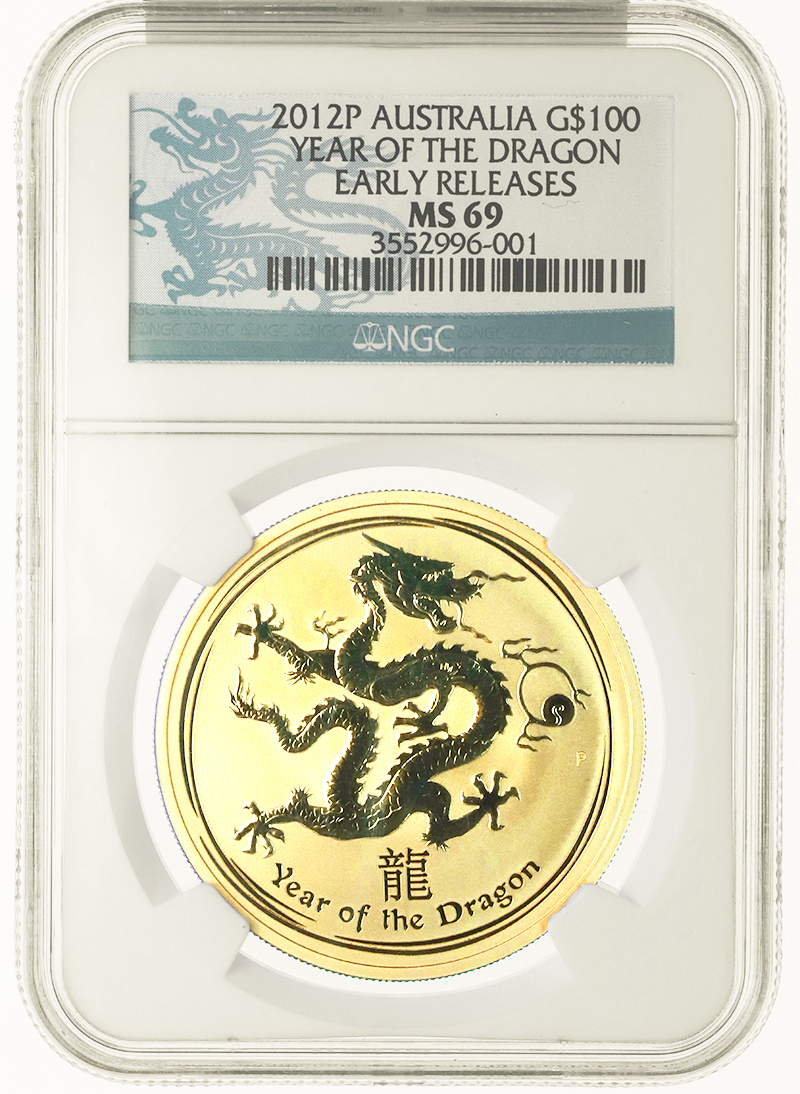 オーストラリア 2012年 龍 ドラゴン 干支 辰 100ドル 1オンス 金貨 エリザベス2世 NGC MS69【アンティークコイン・金貨・銀貨の販売・買取  ルナコイン】