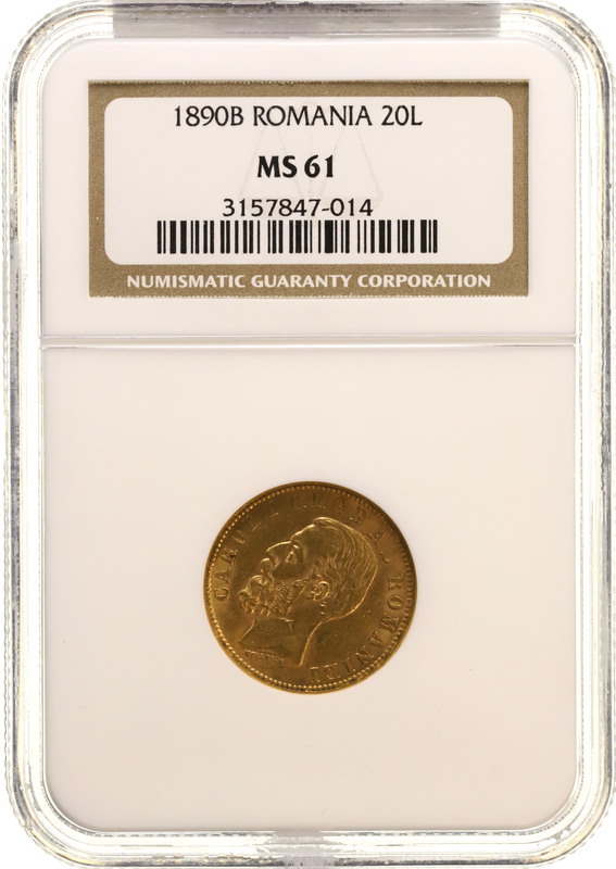 ルーマニア 1890年 20レイ 金貨 カロル1世 NGC MS61【アンティークコイン・金貨・銀貨の販売・買取 ルナコイン】