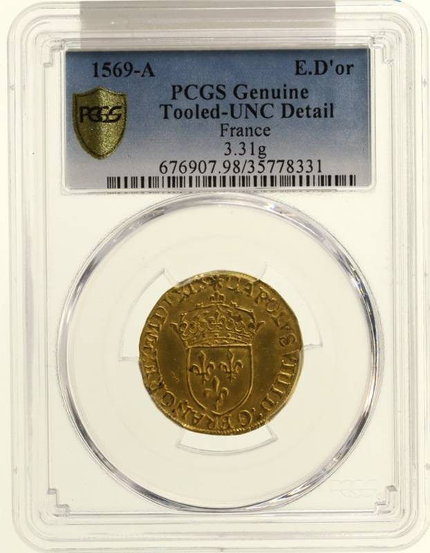 値下げしました】中世フランス 1569年A エキュ 金貨 シャルル9世 パリミント PCGS UNC鑑定【アンティークコイン・金貨・銀貨の販売・買取  ルナコイン】