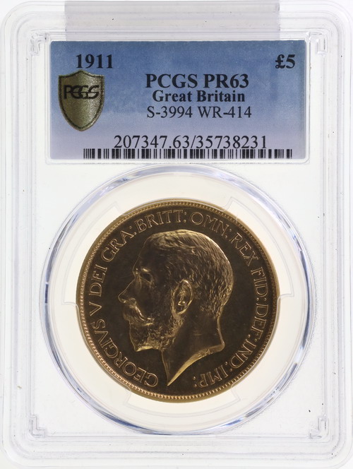 イギリス 1911年 ジョージ5世 5ポンド プルーフ金貨 PCGS PR63 発行