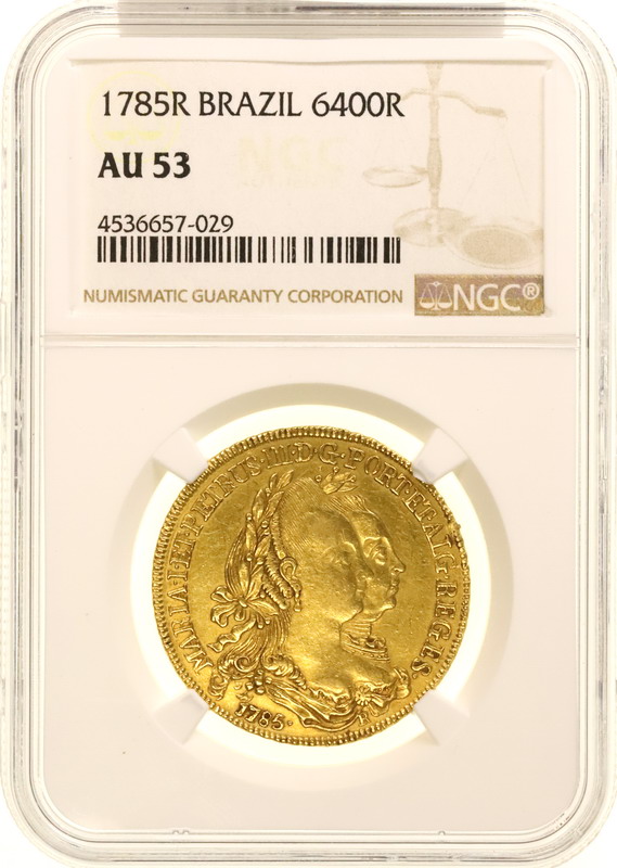ブラジル 1785年R マリア1世・ペドロ3世 6400レイス金貨 NGC AU53