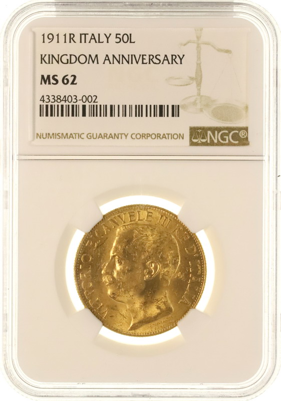 イタリア 1911R 50リレ金貨ヴィットリオ 王政50周年記念 NGC MS62 