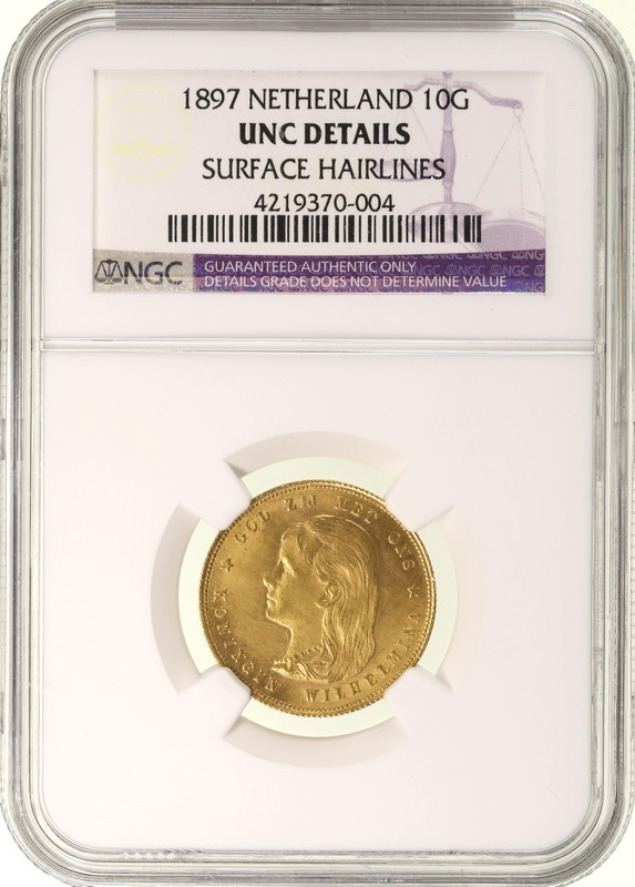 オランダ 1897年 10グルデン金貨 ウィルヘルミナ女王 NGC UNC鑑定