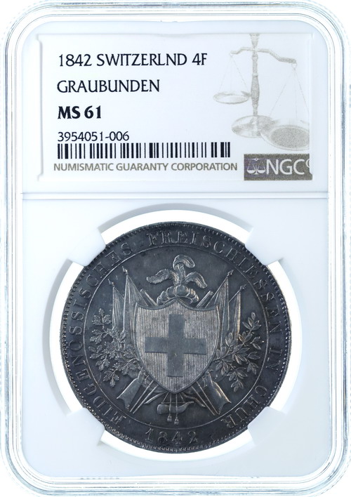 スイス 1842年銘 4フランケン 記念 大型 銀貨グラウビュンデン 射撃祭 