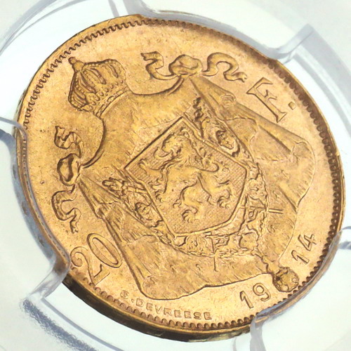 ベルギー ブリュッセル 1914年 アルベール1世 フラン金貨 Position A Pcgs Unc鑑定 アンティークコイン 金貨 銀貨の販売 買取 ルナコイン