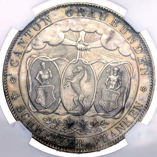 スイス 1842年銘 4フランケン 記念 大型 銀貨グラウビュンデン 射撃祭