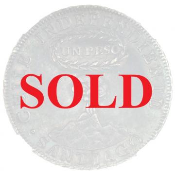 チリ　1822年FI　サンティアゴ　1ペソ　希少　大型　銀貨　活火山　美麗グリーントーン　NGC AU58