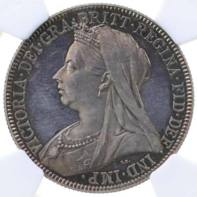 イギリス　グレートブリテン　1893年　2シリング　フローリン銀貨　プルーフ　ヴィクトリア　ビクトリア　ヴェールドヘッド　NGC　PF62 CAMEO レインボー美麗トーン