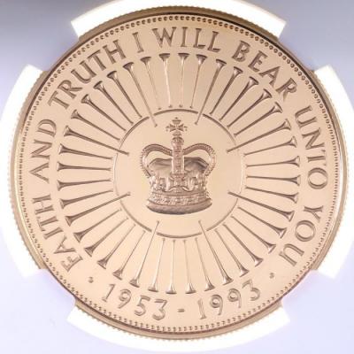 イギリス　1993年　5ポンド プルーフ金貨　エリザベス2世 戴冠40周年記念　NGC PF69 ULTRA CAMEO