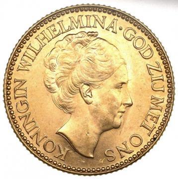 オランダ 1925年　10グルデン 金貨　ウィルヘルミナ女王　EF+
