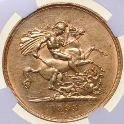 イギリス　グレートブリテン　1893年銘　5ポンド金貨　ビクトリア　ヴィクトリア ヴェールドヘッド NGC　AU55