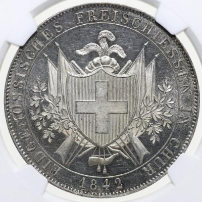 スイス 1842年銘 4フランケン 記念 大型 銀貨 グラウビュンデン 射撃祭シリーズ　NGC　MS63+ PL　発行4256枚レア
