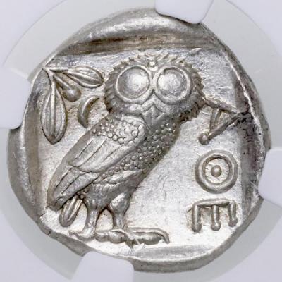 古代ギリシャ　アッテカ アテネ　テトラドラクマ銀貨　フクロウ　BC440-404　NGC MS Strike:5/5 Surface:4/5