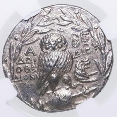 古代ギリシャ　アッテカ アテネ　テトラドラクマ銀貨　フクロウ　ニュースタイル BC132/1　NGC Ch AU Strike:4/5 Surface:5/5