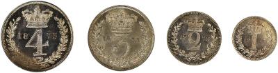 イギリス　1873年　マウンディ銀貨4枚セット(4～1ペンス、ペニー)　ヴィクトリア　ビクトリア　ヤ ングヘッド