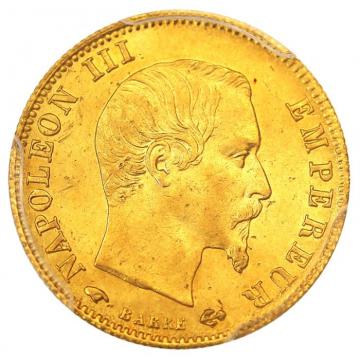 フランス　1859A　ナポレオン3世　無冠　5フラン金貨　パリミント　PCGS　AU58