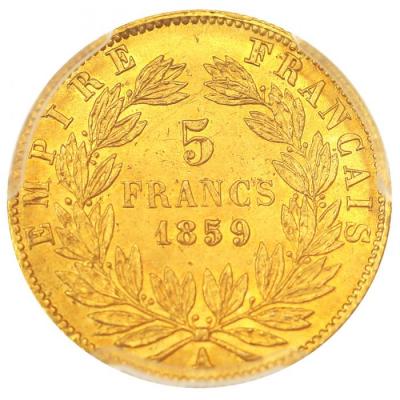フランス　1859A　ナポレオン3世　無冠　5フラン金貨　パリミント　PCGS　AU58