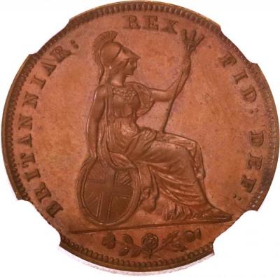 イギリス　1826年　ファーシング(1/4 ペニー)銅貨プルーフ　ジョージ4世 NGC PF64