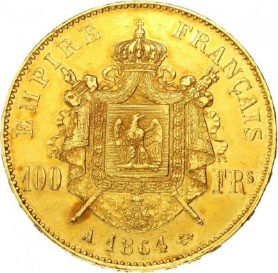 フランス　1864年A　ナポレオン3世　100 フラン金貨 月桂冠　パリミント　EF