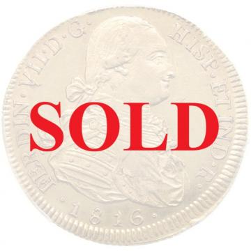 スペイン領チリ　1816年So-FJ　サンティアゴ　フェルナンド7世　カルロス4世　8エスクード金貨　PCGS　AU55