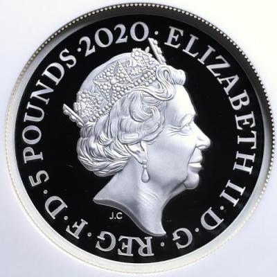 イギリス　2020年5ポンド2オンスプルーフ 純銀貨　エリザベス2世　007シリーズ第1弾”Bond, James Bond"　NGC PF70ULTRA CAMEO