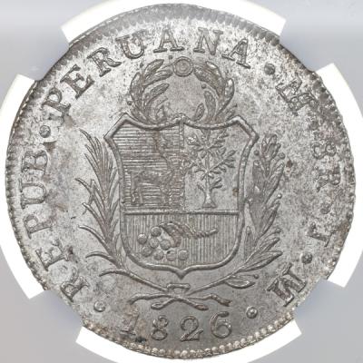ペルー　1826年LIMAE-JM　8レアレス　銀貨　自由の女神　NGC　MS61