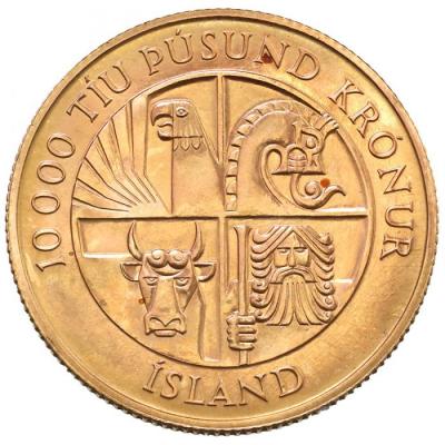 アイスランド　Iceland　1974年　10000クローネ金貨　インゴールヴル・アルナルソン　アイスランド入植1100年記念　UNC